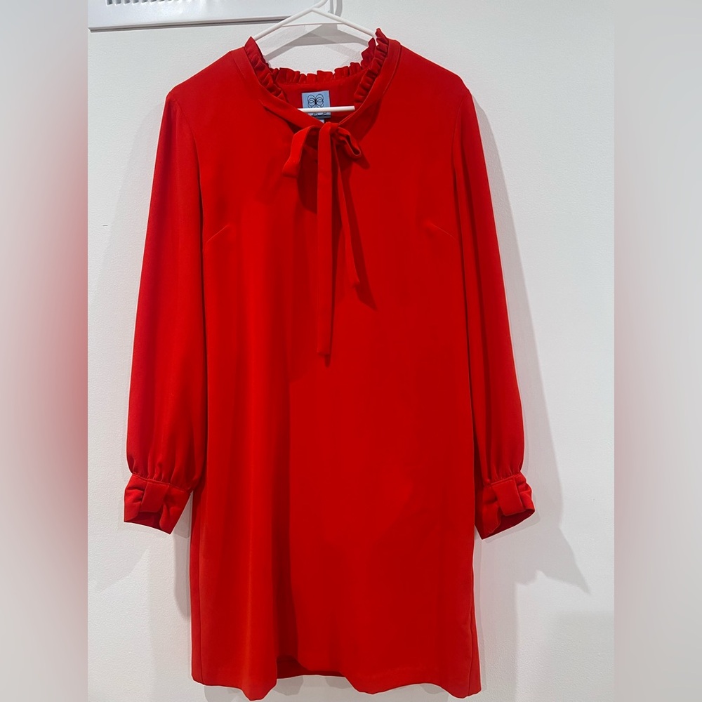Cece Red Ruffle Tie Neck Shift Dress Bow Cuff Long Sleeves
